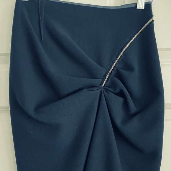 NINA RICCI, PARIS NAVY RAW EDGE FRONT DRAPED PENCIL SKIRT - SIZE 36